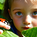 **

Prompt: A child's curious face, eyes wide with wonder, looking at a magnifying glass examining a ladybug on a green leaf in a sunlit garden. Soft, natural lighting, vibrant colors, focus on the child's expression.

**
