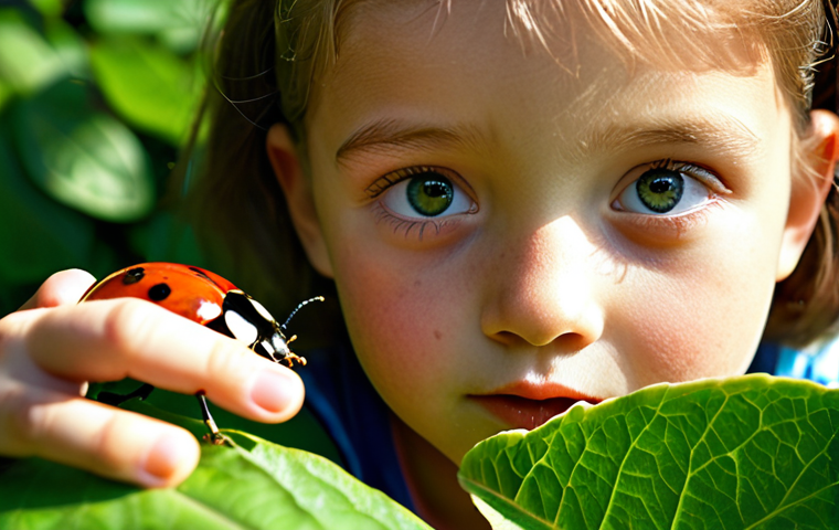 **

Prompt: A child's curious face, eyes wide with wonder, looking at a magnifying glass examining a ladybug on a green leaf in a sunlit garden. Soft, natural lighting, vibrant colors, focus on the child's expression.

**