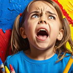 A child expressing emotions through colors, using crayons to depict feelings like happiness (yellow), sadness (blue), and anger (red) on a vibrant canvas.
