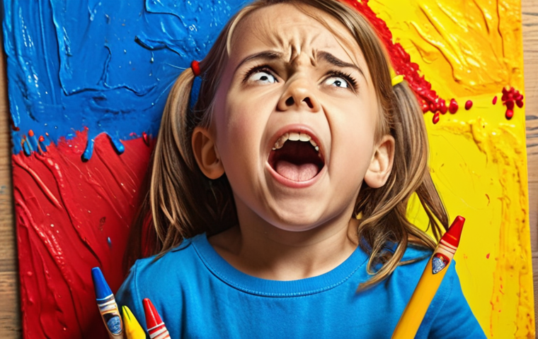A child expressing emotions through colors, using crayons to depict feelings like happiness (yellow), sadness (blue), and anger (red) on a vibrant canvas.
