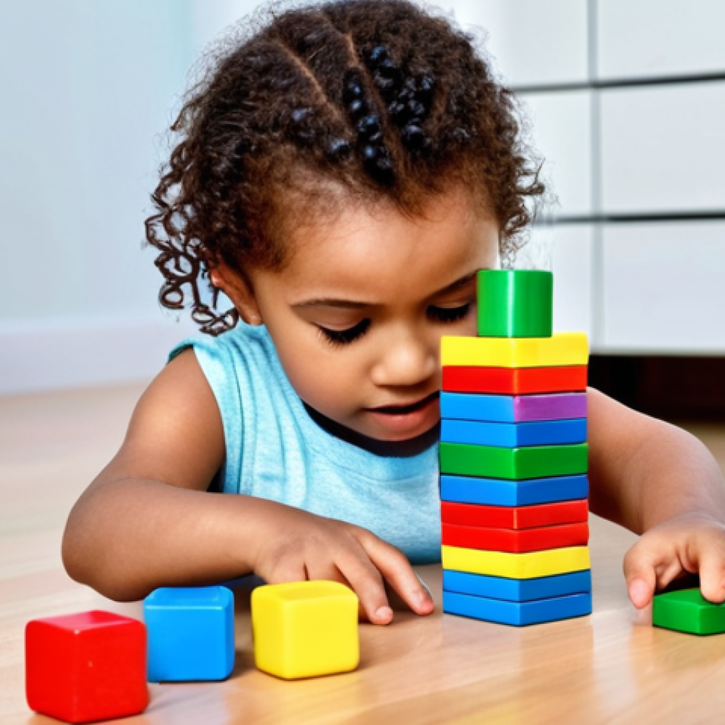 A child playing with colorful blocks, stacking them to build a tower, a parent asking, "How many more blocks to make it taller?", fostering early math skills through play.