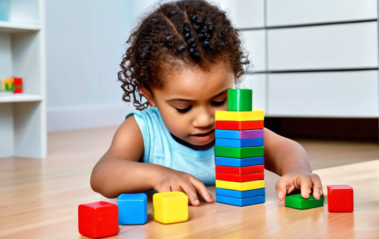 A child playing with colorful blocks, stacking them to build a tower, a parent asking, "How many more blocks to make it taller?", fostering early math skills through play.