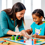 A diverse group of cheerful children, aged 6-8, fully clothed in comfortable, modest play attire, enthusiastically engaged in a variety of play-based learning activities in a brightly lit, modern playroom. One child is building an intricate structure with colorful blocks, another is drawing vibrant images at a small table, and two children are collaborating on a board game, smiling and interacting. The playroom is clean, organized with various educational toys and soft carpets. A parent figure, also fully clothed in appropriate attire, is gently observing and offering encouragement. Professional photography style, vibrant colors, clear focus, high resolution, perfect anatomy, correct proportions, natural poses, well-formed hands, proper finger count, natural body proportions. Safe for work, appropriate content, fully clothed, family-friendly, modest clothing, professional dress.