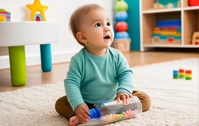 감각 놀이 교구 만들기 - **Prompt: Tactile Dice for Infants**
    A bright, clean close-up shot of a baby, approximately 8-10...